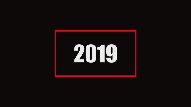 2019 number animation on black background. Old film style historical year loop. White 1962 number text with rectangle animation..