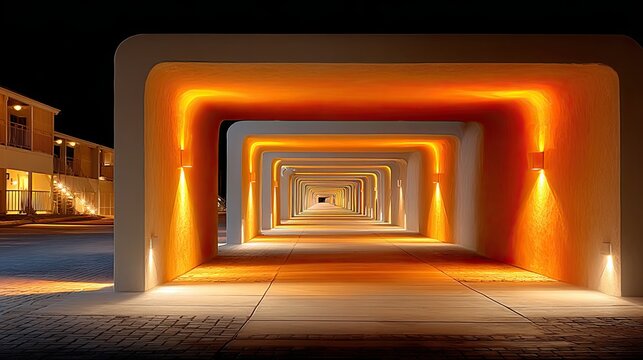 Modern illuminated tunnel with glowing orange arches and pathway at night