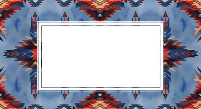 Decorative ethnic geometric frame border with blue red and white tribal aztec pattern on white background for cultural design and invitation projects.