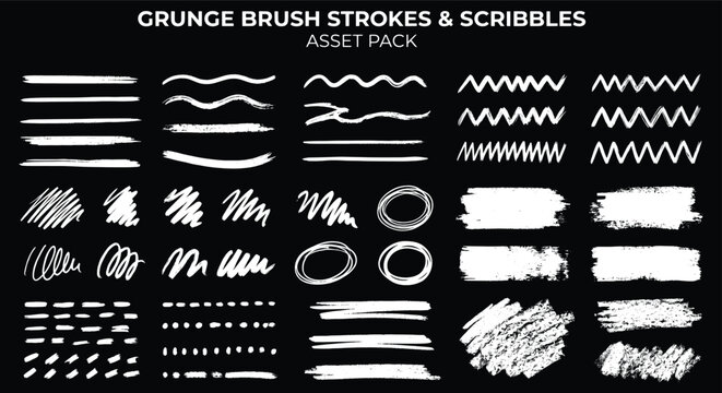 Grunge brush strokes and scribbles asset pack, white hand drawn ink textures on black background, distressed paint smear and line vector collection