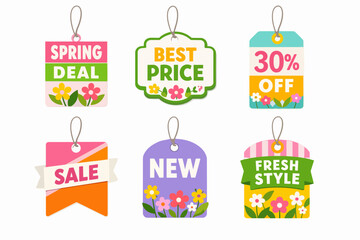 Fototapeta premium Six colorful price tags showcasing spring deals, best prices, percentage off, new arrivals, and fresh styles, all enhanced with charming floral elements