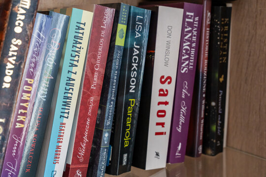 Warsaw, Poland - Jan 11, 2026: A collection of colorful book covers lined up on a shelf, showcasing various literary genres and authors in a home library setting.