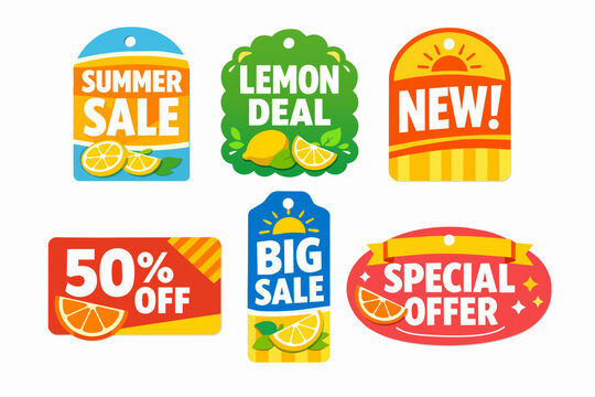 Set of summer sale, lemon deal, big sale, new, 50% off and special offer labels, tags, and stickers, featuring citrus fruit slices for seasonal promotions and discounts