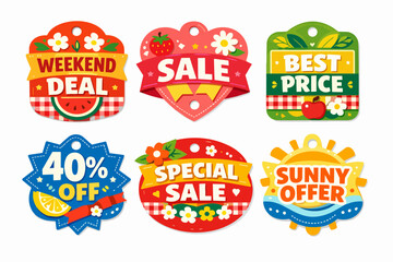 Naklejka premium Summer sales campaign with colorful promotion stickers. Offering discount deals and special seasonal offers. Including weekend deals. Best price