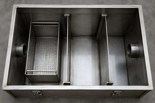 Commercial Kitchen Stainless Steel Grease Trap Inner Chambers Showing Water and Oil Separation Process Details