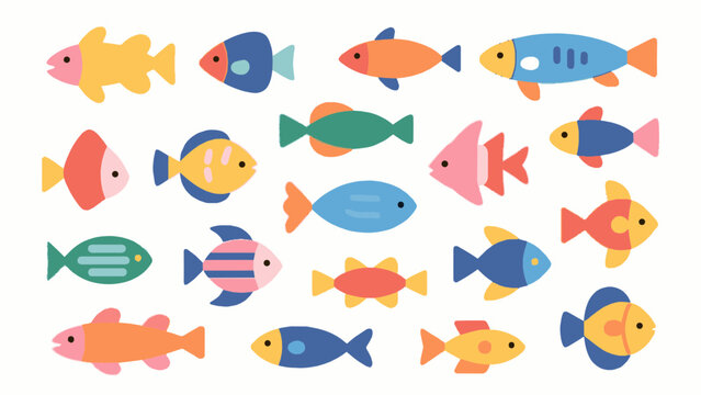 Cute colorful fish illustration set, flat design themed around aquarium and ocean