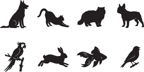 Fototapeta premium Collection of domestic pets and animals black silhouette icons featuring dogs cats parrot rabbit goldfish and songbird silhouettes