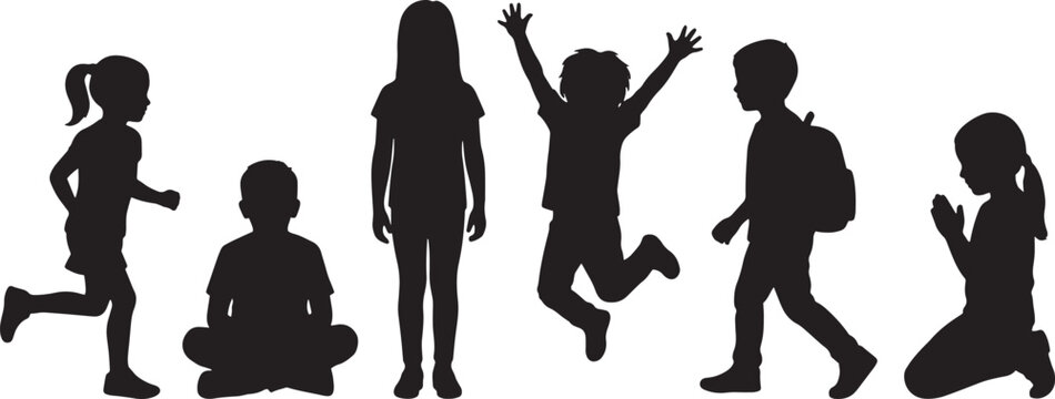 Children silhouettes are shown in various poses representing childhood activities including sitting, running, jumping, carrying a backpack, and kneeling in prayer against a solid white background.