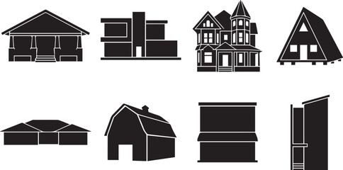House architectural styles icon set featuring modern villa victorian mansion cabin bungalow barn and residential buildings vector silhouettes © MstNajma