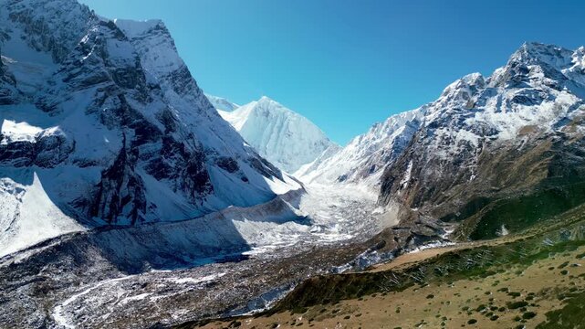 Aerial View of Glacier and Snow Covered Peaks Between Samdo and Dharamsala on Manaslu Circuit Trek, Nepal