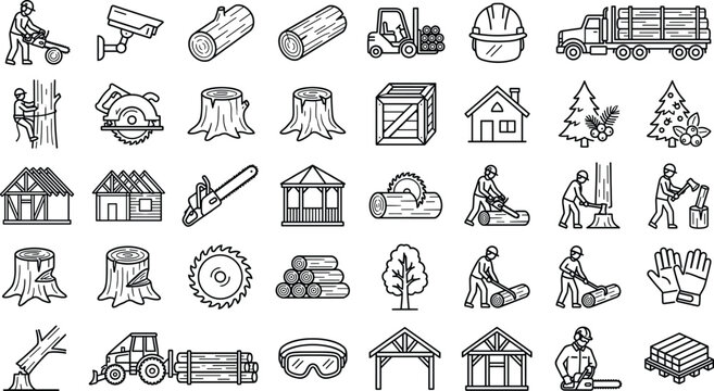 Set of forestry and lumber industry line icons featuring lumberjacks, wood processing, timber transport, and sawmill machinery