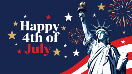 Illustration of the Statue of Liberty in flat style, with a background of the US flag component with the words Happy 4th of July written on it. © Animasi
