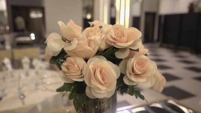 Beautiful wedding banquet hall interior featuring elegant blush rose flower centerpiece decoration on a reception table. Luxury floral arrangement in a stylish event venue with soft lighting, 