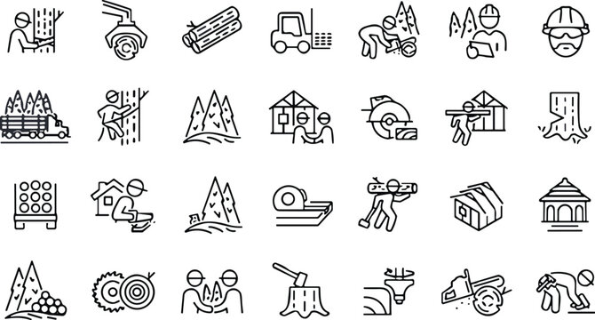 Set of logging and forestry line icons featuring lumberjacks, timber processing, and sawmill equipment