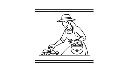 Fototapeta premium Woman farmer picking mushrooms in basket, foraging for food, healthy lifestyle, natural organic harvest