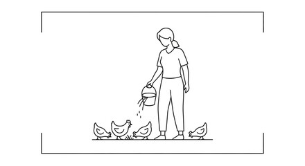 Obraz premium Woman feeding chickens in a farmyard, line art illustration