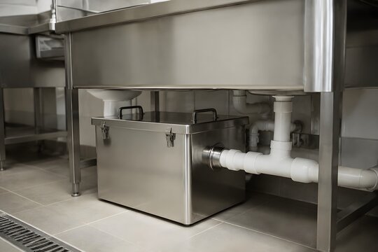 Stainless steel kitchen oil trap installed under large commercial sink polished metal PVC pipes connection