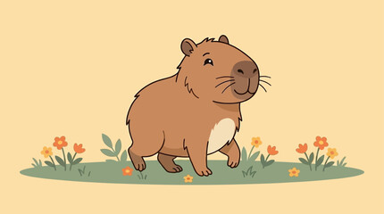 A cute capybara stands on green grass with flowers © bahar