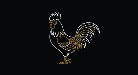 Fototapeta premium Minimalist Rooster Line Art Golden Feathers Black Background