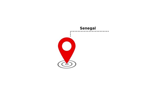 Red color, location marker of Senegal,animation on white black background.Abstract Senegal location,gps location,map,location pin icon animation.