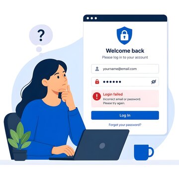 Vibrant cartoon woman confused at computer login error template