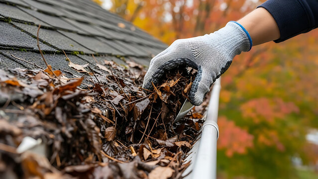 Person Wearing Protective Glove Cleaning Fall Foliage and Debris from Clogged House Roof Gutter Pipe System During Seasonal Home Maintenance Routine