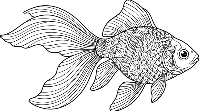 Detailed line art drawing of a fancy goldfish with goldfish, underwater