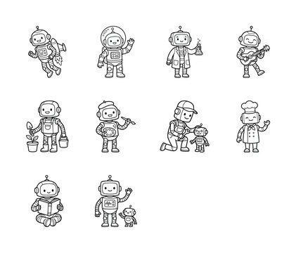 Set of cute doodle robot characters in various daily activities with technology