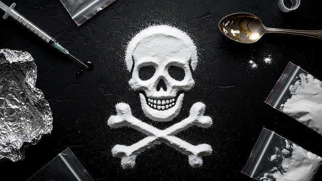 Deathly skull and crossbones symbol depicted in white heroin powder on a black textured surface, representing narcotics addiction, illegal substance abuse, and lethal overdose risk top view.