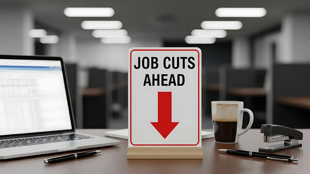 Red downward arrow and warning sign on professional office desk indicating job cuts, corporate layoffs, rising unemployment, economic recession, financial crisis, and business downsizing impact.