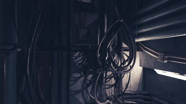 Wires and electrical cables hang loosely in a shadowy industrial space, creating a contrast of light and dark. The setting suggests an area behind machinery or in a utility room.