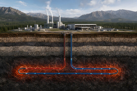 Enhanced geothermal wells beneath mountain power plant