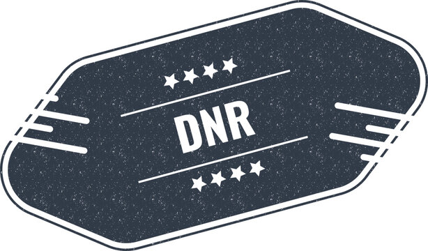 Dark blue grunge vintage style sticker with dnr text and decorative stars and lines