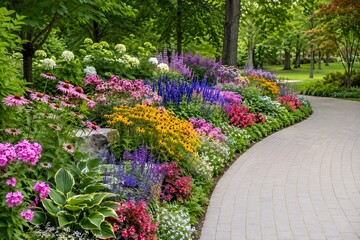 Fototapeta premium Vibrant Public Park Flower Border Along A Curved Pathway With Colorful Blooms And Fresh Greenery