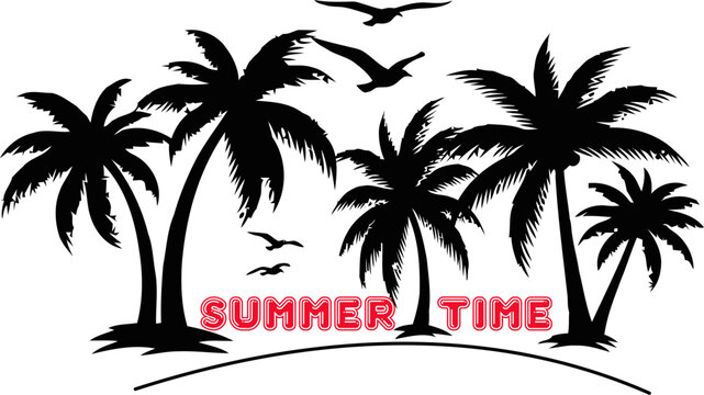 Summer time red outline text with tropical palm trees silhouette and flying birds.
Black silhouettes of palm trees on a white background with summer typography.