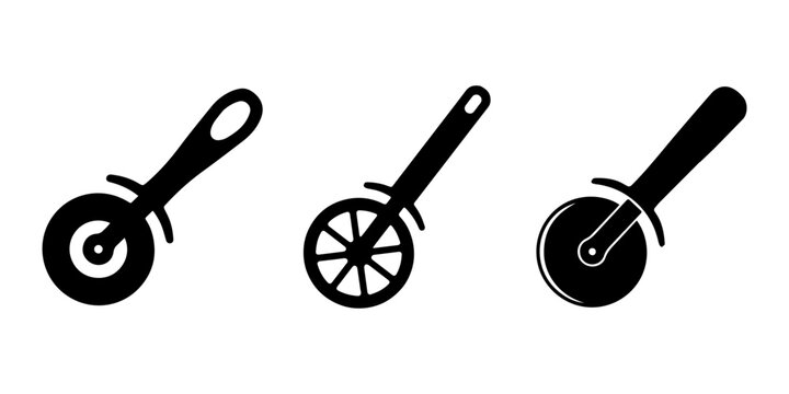A minimalist  3 black silhouette of a pizza cutter icon on a white background, set of  silhouette of a pizza cutter icon , three Black silhouette of a pizza cutter  vector white background