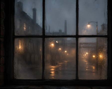 Atmospheric Condensation Window Glass in Abandoned Industrial Zone Overlooking Defocused Urban Street Lights Photography Background