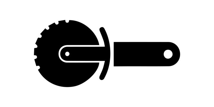 A minimalist black silhouette of a pizza cutter icon on a white background, Black pizza cutter wheel with handle, isolated on white background, graphic icon