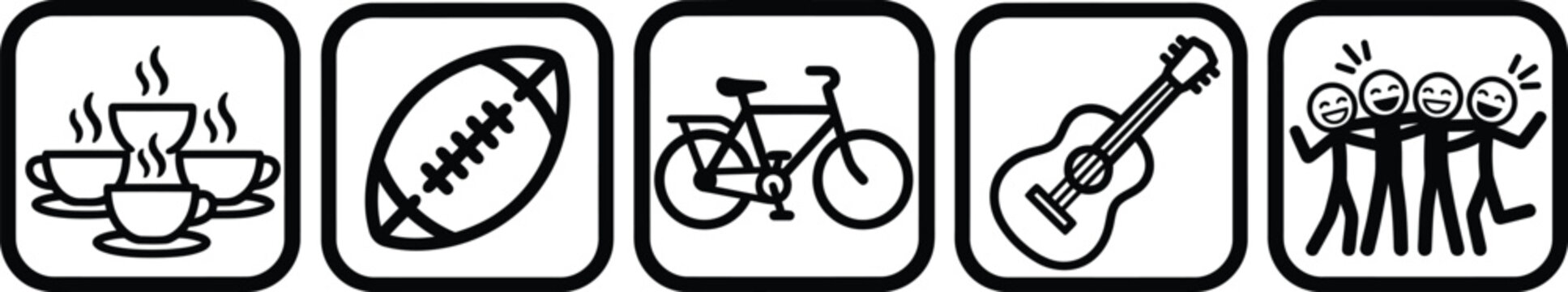 Five flat icons of daily activities and hobbies