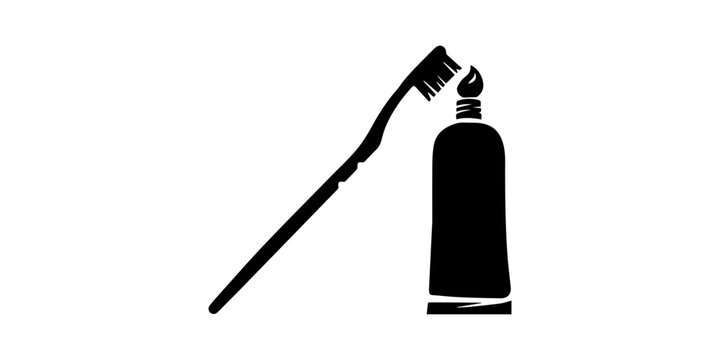 A high contrast black and white vector silhouette set featuring toothbrushes and tubes of toothpaste for dental hygiene, Toothbrush and toothpaste tube vector silhouette icon for oral hygiene 