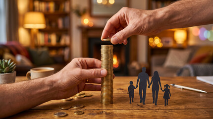 Obraz premium Human hands carefully stack shiny gold coins into a tall tower beside small black paper cutouts of a family to represent financial planning and savings