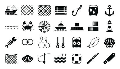 Marine fishing and nautical maritime theme flat vector icon set, ocean fishing, sailing and sea navigation symbols for marine industry design. © HossenMuhammod MunnA