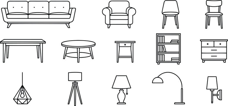 Home furniture and lighting line icon set featuring sofa armchair chair dining table coffee table bookshelf dresser and lamps vector elements.
