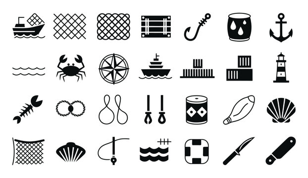 Marine fishing and nautical maritime theme flat vector icon set, ocean fishing, sailing and sea navigation symbols for marine industry design.