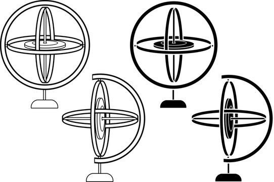 gyroscope sphere icon set.black and white vector illustration in front and side views, for science, physics, engineering, astronomy, education, technology, infographic design.outline and silhouette