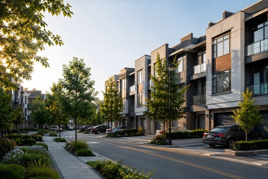 Modern townhouse complex facade with green trees and cars on a quiet suburban street