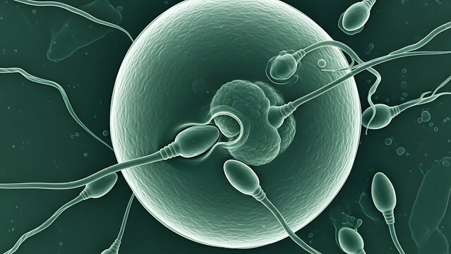Microscopic 3D illustration of a single human sperm cell penetrating a large round ovum during fertilization to form a zygote, symbolizing conception, life origin, and medical embryology.