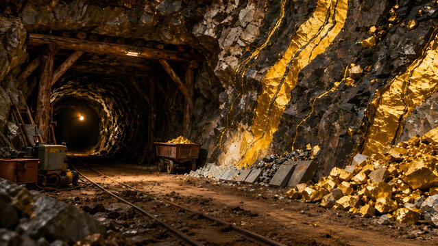 Underground gold mine tunnel with glowing ore veins