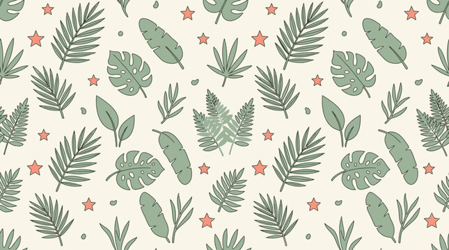 Seamless botanical pattern featuring an array of tropical leaves and small star accents for vibrant, nature-inspired design