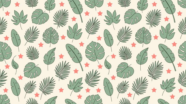 Vibrant tropical leaf pattern with assorted foliage and scattered pink stars for lively decorative designs